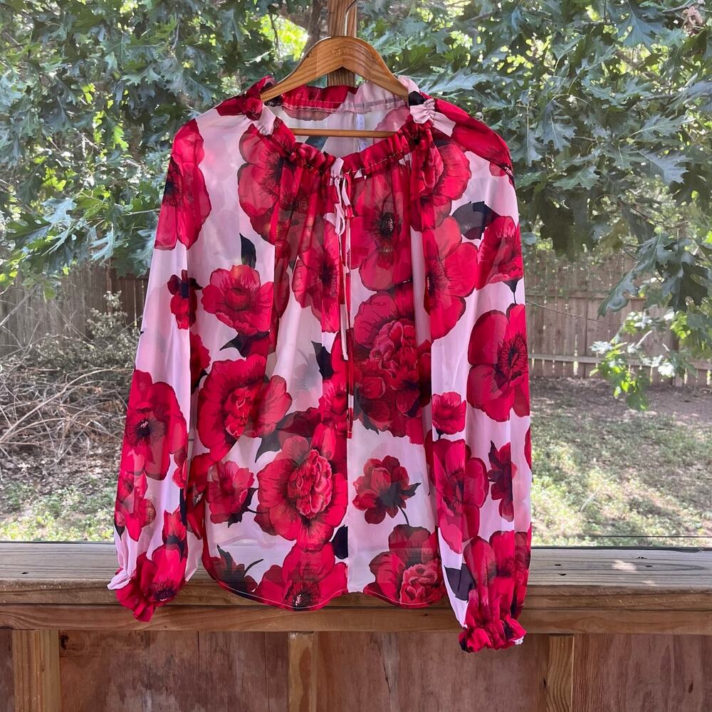 Imperial Women's Red & White Floral Sheer Oversized Blouse Size XXS. NEW!!